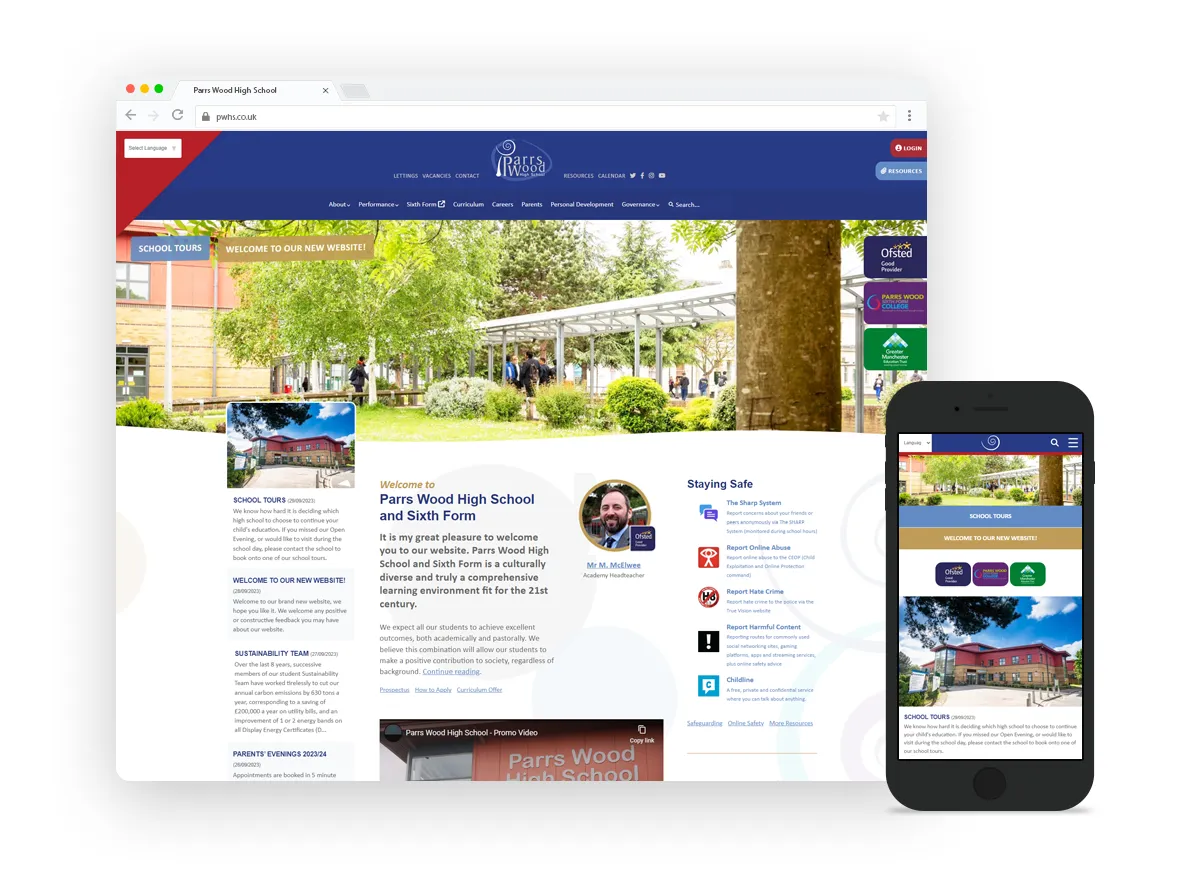 The Parrs Wood High School website shown in Chrome and on an iPad, as part of a situation mockup